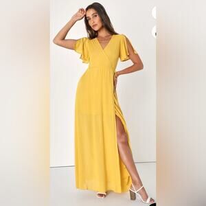 Lulu's Yellow Short Sleeve V-neck Front Slit Maxi Dress